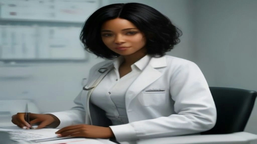 Médica negra em consultório clínico de alto padrão em posição de autoridade médica