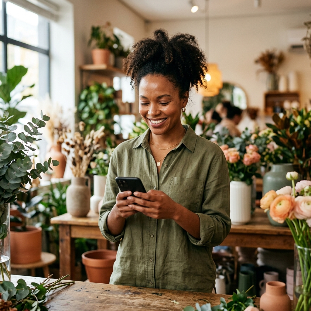 Empreendedora negra atendendo clientes pelo celular em sua loja elegante