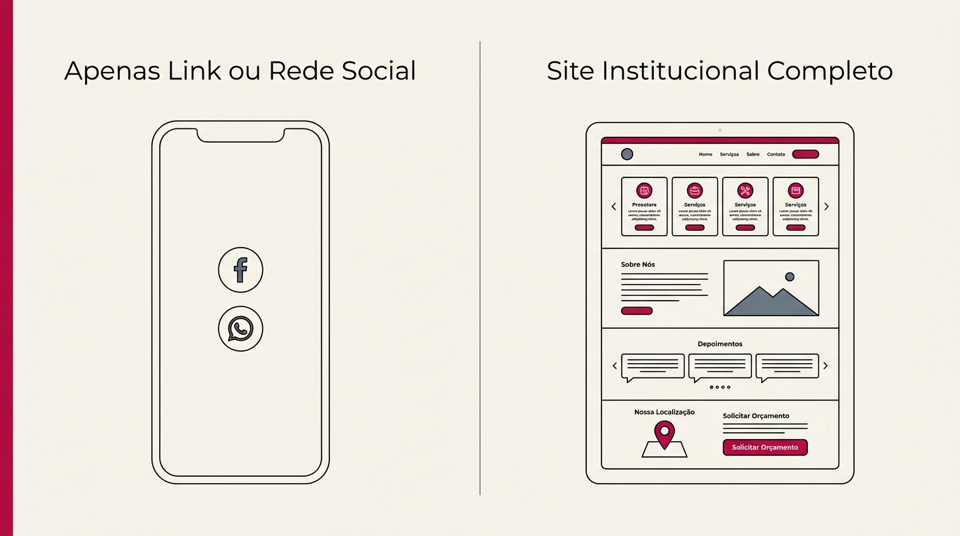 Comparação visual entre uma página de link simplificada e um site institucional completo com seções