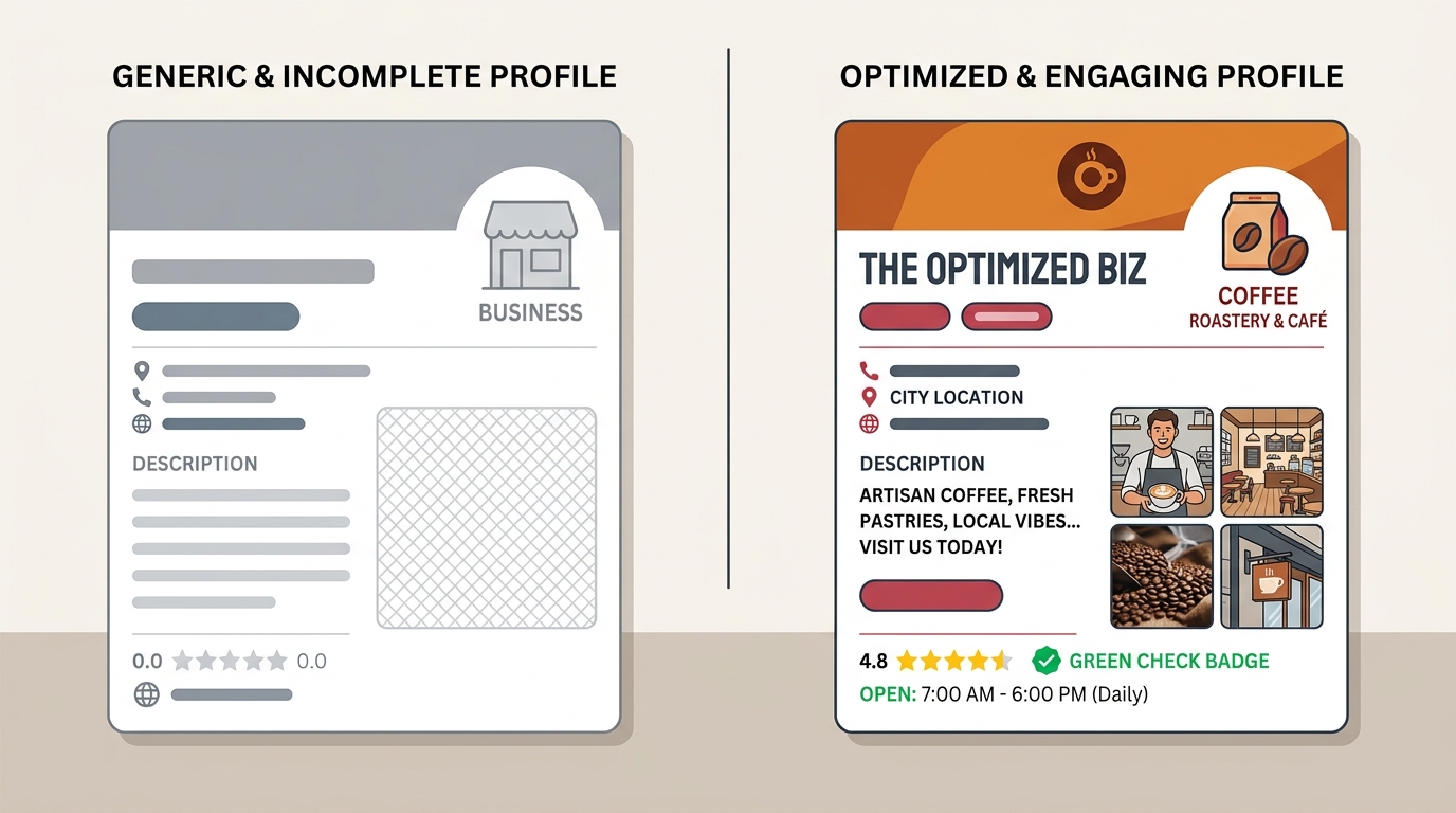 Comparativo visual entre ficha do Google incompleta e ficha com otimização completa